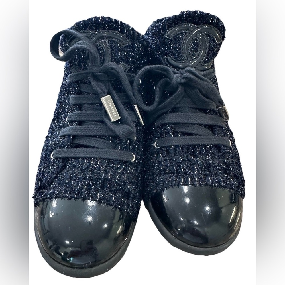 CHANEL Women's Black and Silver Tweed Sneakers